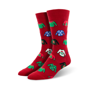  red crew socks with a variety of colorful & festive christmas-themed patterns, including snowflakes, wreaths, and christmas trees.   
