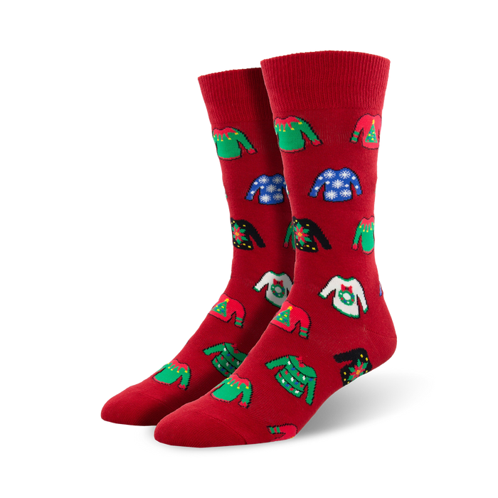  red crew socks with a variety of colorful & festive christmas-themed patterns, including snowflakes, wreaths, and christmas trees.   