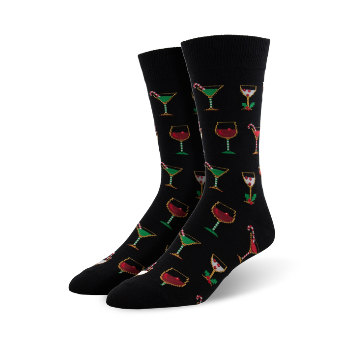 Pair of black crew socks with a pattern of pixelated Christmas cocktails: martinis, wine glasses, and candy canes. }}