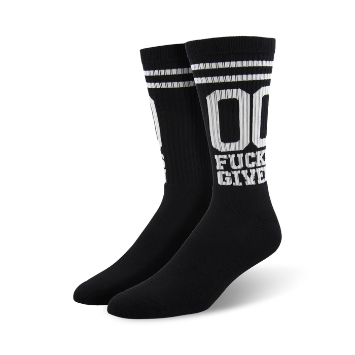 quirky black crew socks with white stripes and text graphic 