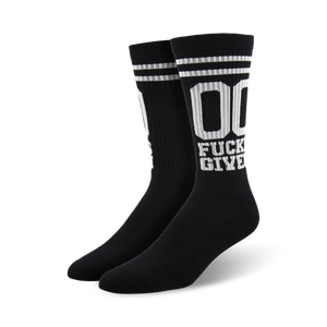 black crew socks with white, block style font that reads 00 fucks given.  