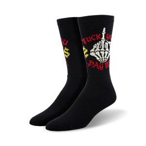  black crew socks for men and women with yellow and red middle finger graphic and 