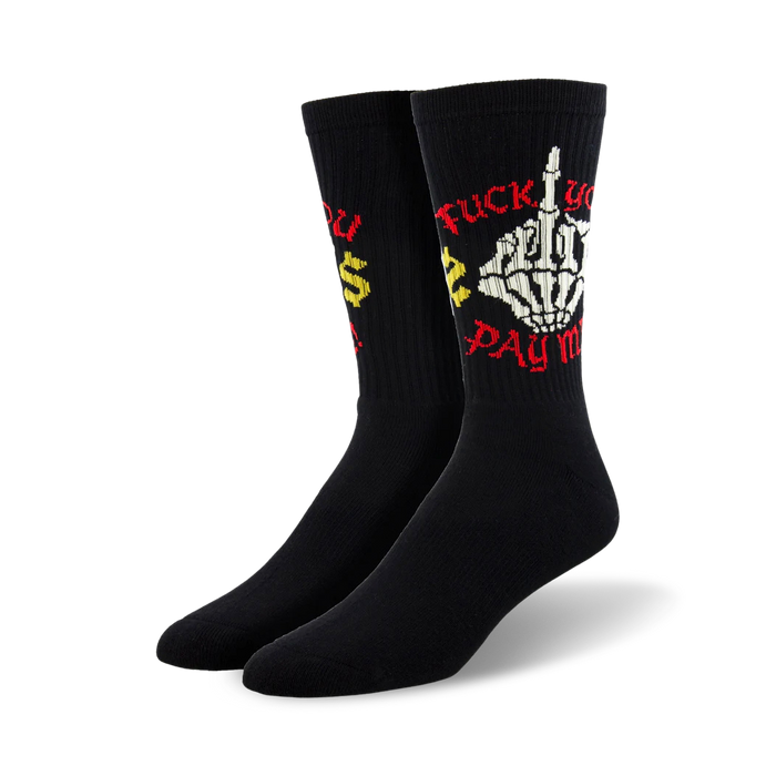  black crew socks for men and women with yellow and red middle finger graphic and 