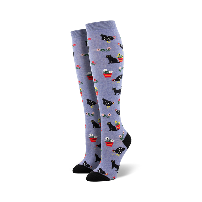 Pair of women's knee-high socks in periwinkle blue. The socks feature a whimsical design of black cats, chickens, and flowers in red pots. }}
