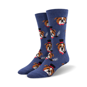 blue crew socks with a pattern of cartoon bulldogs wearing top hats and smoking pipes. mens.   