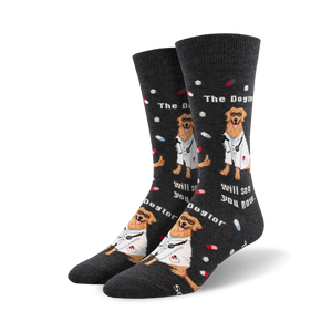 golden retriever dog themed crew socks in charcoal gray with text 
