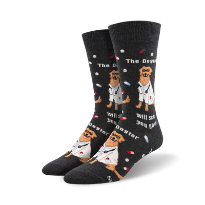Pair of crew socks; dark gray and blue options; Golden Retriever wearing a doctor's coat, pills and text.