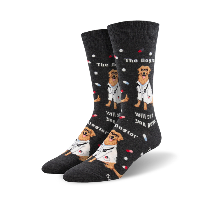 golden retriever dog themed crew socks in charcoal gray with text 