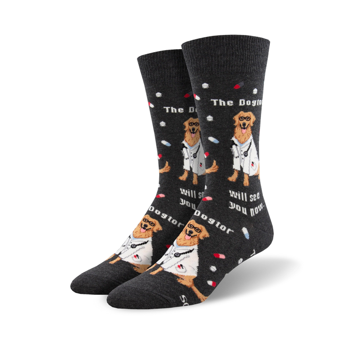 Pair of crew socks; dark gray and blue options; Golden Retriever wearing a doctor's coat, pills and text.