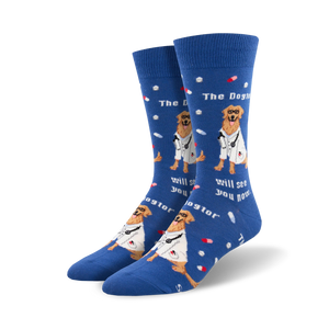 blue crew socks featuring dog wearing doctor's coat and stethoscope with text 