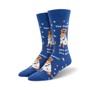Lifestyle photo showing the blue 'Dogtor' socks on a person's feet.
