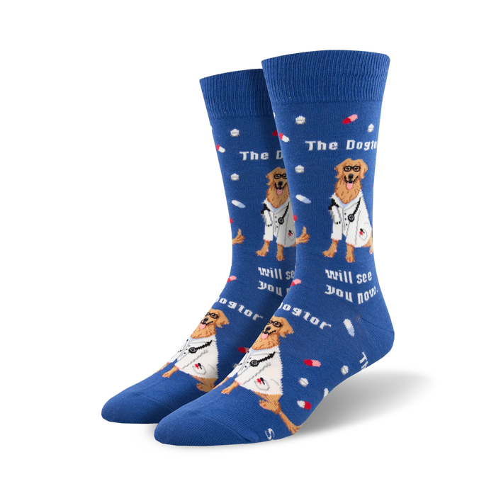 Lifestyle photo showing the blue 'Dogtor' socks on a person's feet.