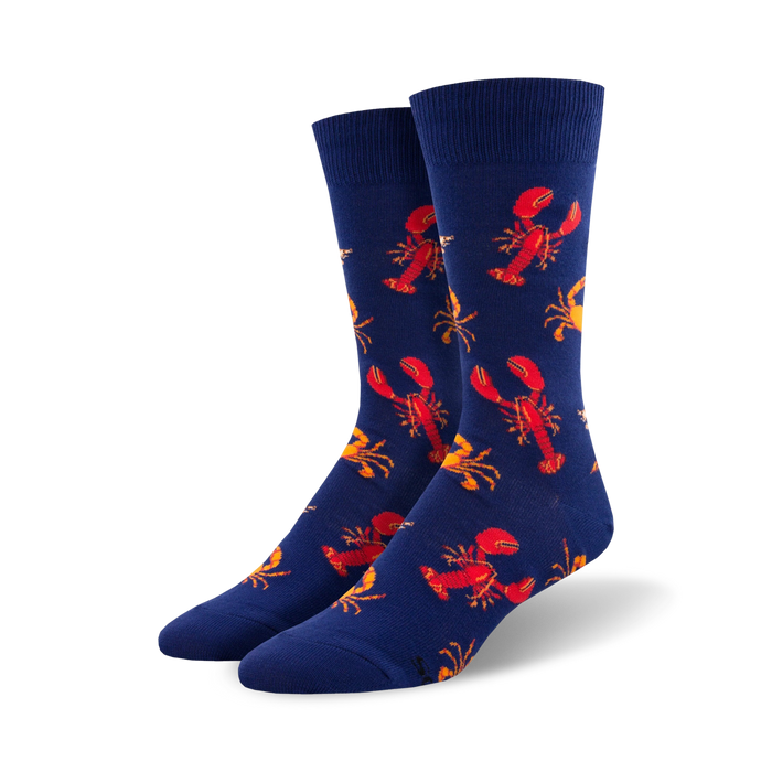 blue crew socks with a pattern of red lobsters, orange crabs, and yellow shrimp.  