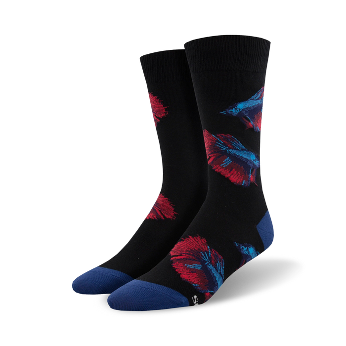 black crew socks with red and blue betta fish pattern   }}