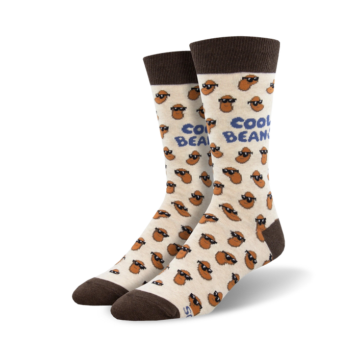  white socks with brown tops featuring cartoon beans wearing sunglasses, and the words 'cool beans'. mens crew.     }}