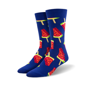 Pair of crew socks, blue and red, featuring a repeating pattern of watermelon popsicles.