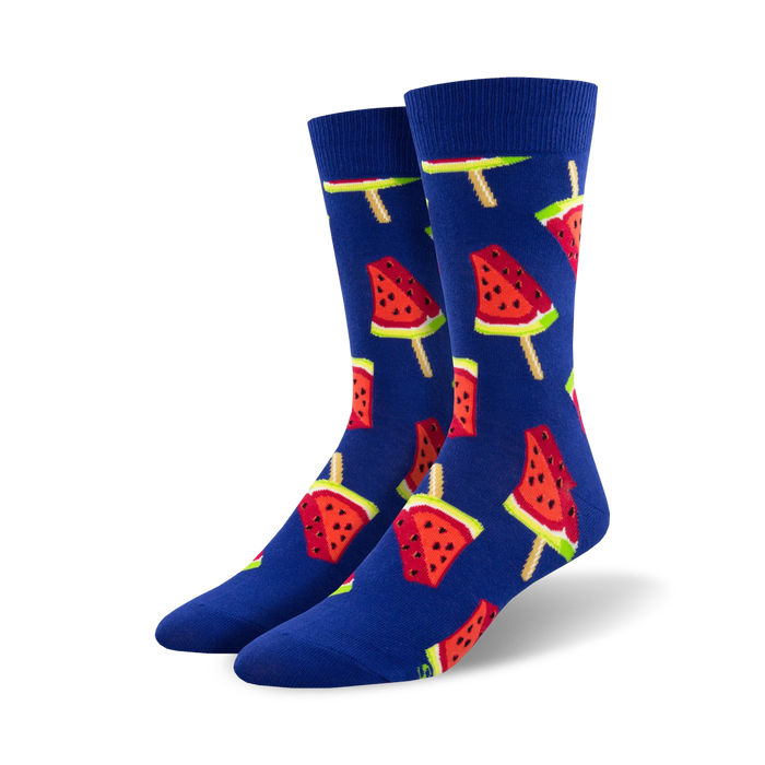 Pair of crew socks, blue and red, featuring a repeating pattern of watermelon popsicles.