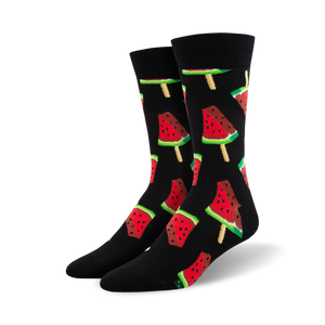 black crew socks with a pattern of watermelon popsicles.  