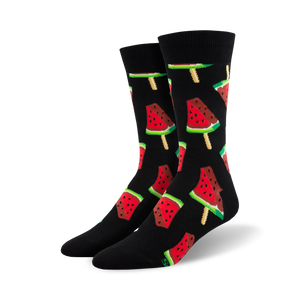 Close-up of black crew socks with watermelon popsicle design.