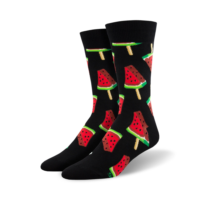 Close-up of black crew socks with watermelon popsicle design.