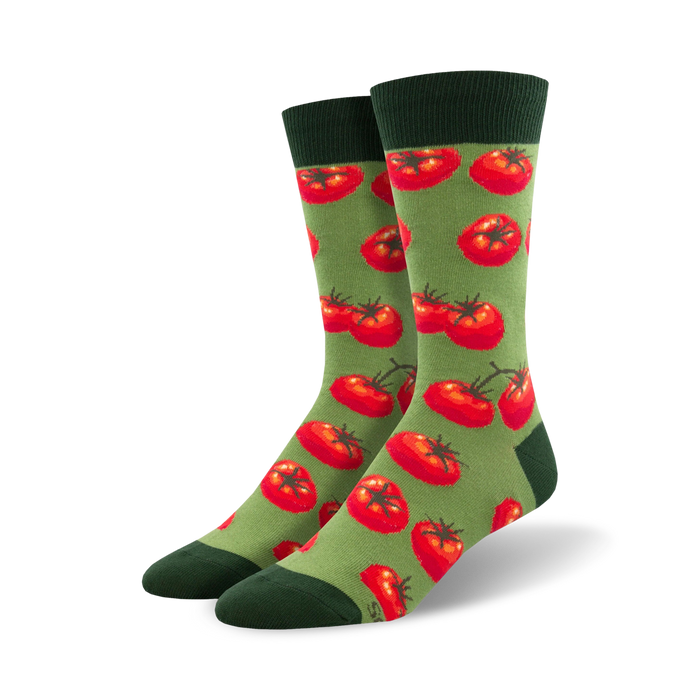mens green crew socks with red tomatoes, yellow highlights, green stems, light green leaves, and dark green top. gardening theme.   