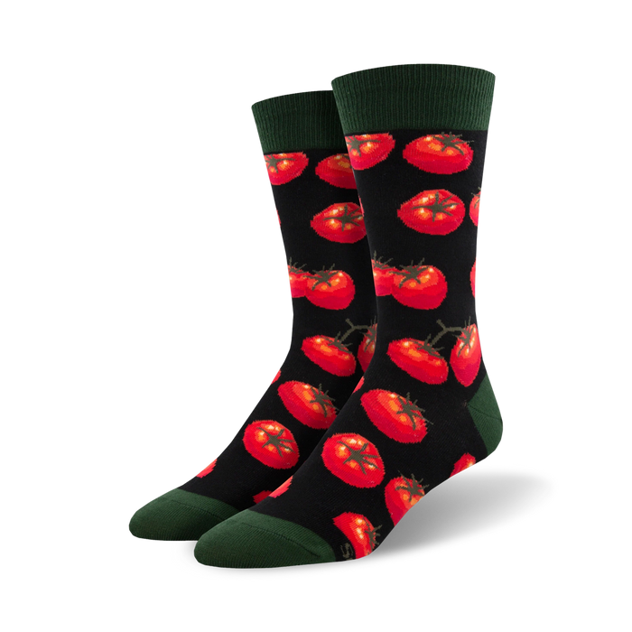 red tomatoes with green stems & leaves on black background. solid green top. crew length. mens. gardening theme.  