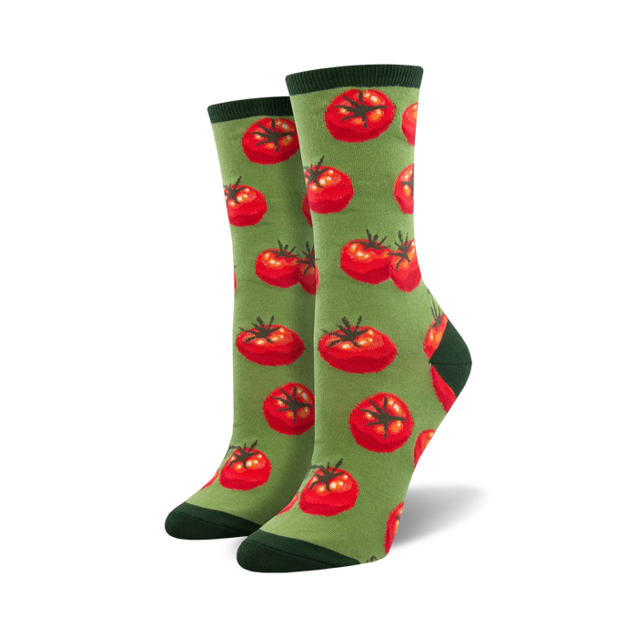 crew-length tomato socks with yellow centers and green stems on a green background. gardening theme, women.   