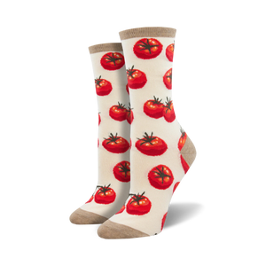 fun, gardening-themed crew-length socks designed for women feature red tomatoes with green stems.    