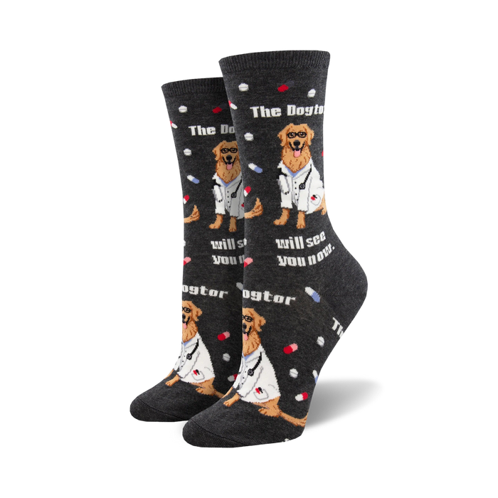 Pair of crew socks; dark gray and blue options; Golden Retriever wearing doctor's coat, pills, and text 'The Dogtor Is In' and 'Will see you now.'