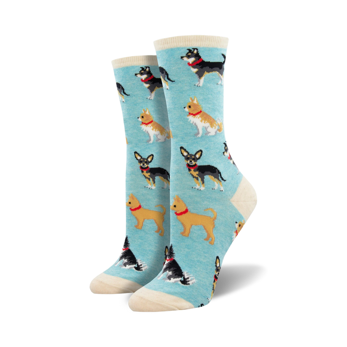  blue crew socks with an allover pattern of cartoon dogs wearing red collars and tags. perfect for dog lovers.  