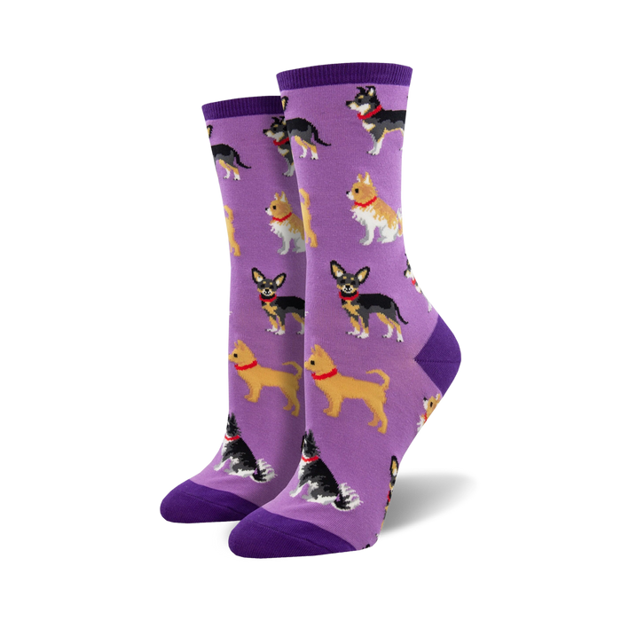 purple crew socks for women featuring playful cartoon dog pattern.   