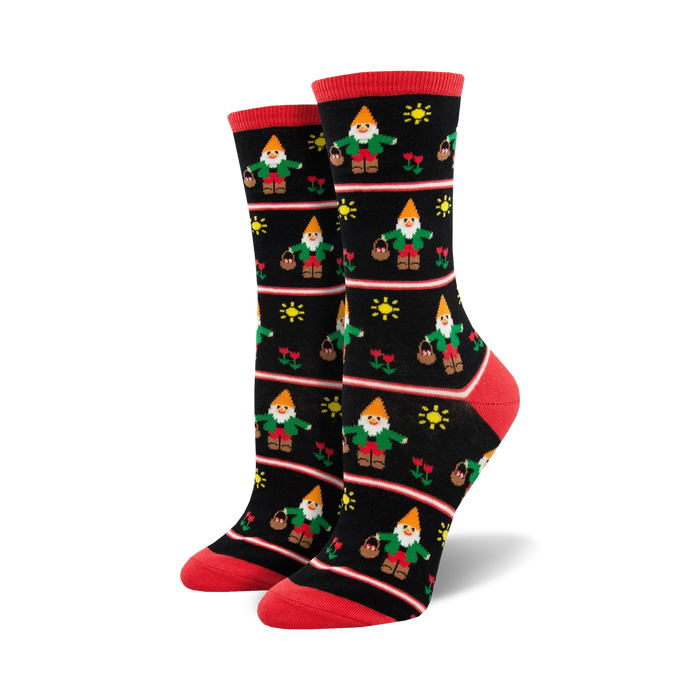 garden gnomes crew socks for women, black with red toes and heels, fantasy theme  