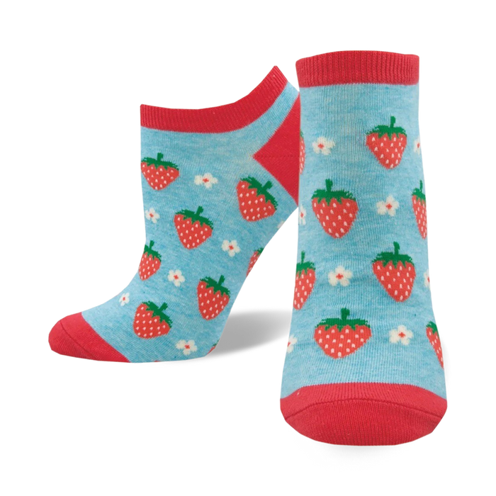Pair of women's ankle socks in light blue with red strawberries and white flowers. Red and light blue color scheme. }}