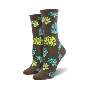 Pair of women's crew socks with a whimsical succulent print.  The socks are brown with teal and lime green succulents.