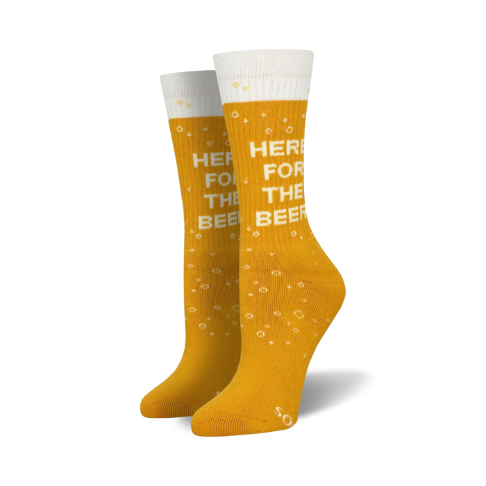 yellow athletic crew socks with white text that reads 