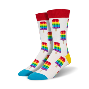 white crew socks with rainbow popsicle pattern. unisex. for pride.   