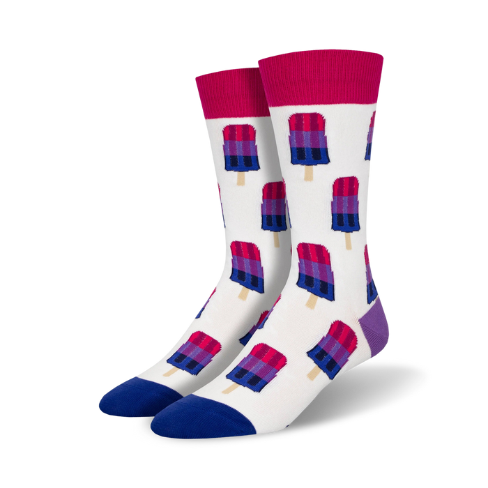 A pair of crew socks with a white background and repeating pattern of bisexual pride flag popsicles. Colors are pink, purple, and blue. }}