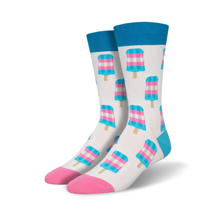 allover popsicle pattern. crew socks for men and women. pink, blue, and white popsicles on a blue toe and heel and pink top.   }}