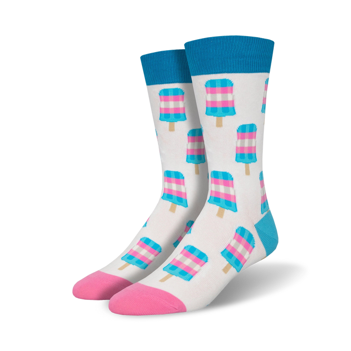 A pair of crew socks with a pattern of pink, light-blue and white popsicles on a white background. The socks have pink and light-blue cuffs. }}