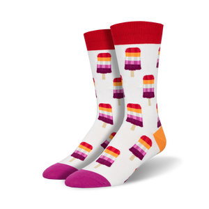 womens crew socks with allover multicolored popsicles pattern. red top and purple toe and heel.  