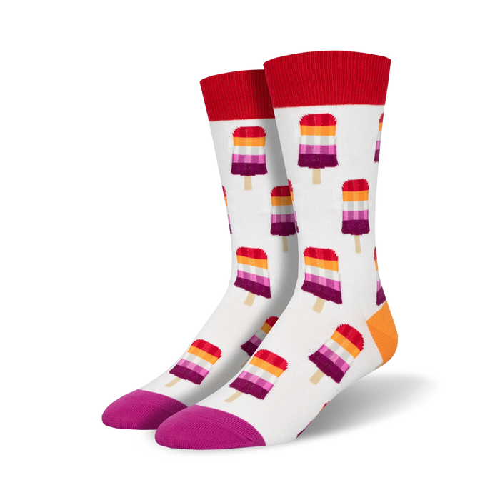 womens crew socks with allover multicolored popsicles pattern. red top and purple toe and heel.  