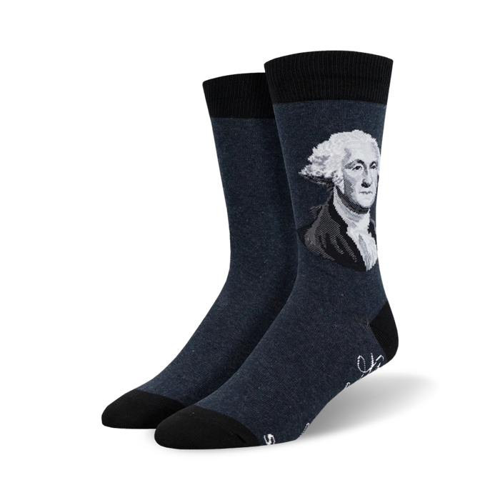 Pair of navy blue crew socks with a grayscale portrait of George Washington and his signature. }}