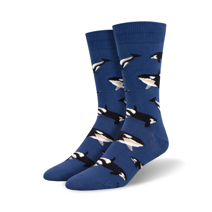 blue crew socks with orca pattern.    }}