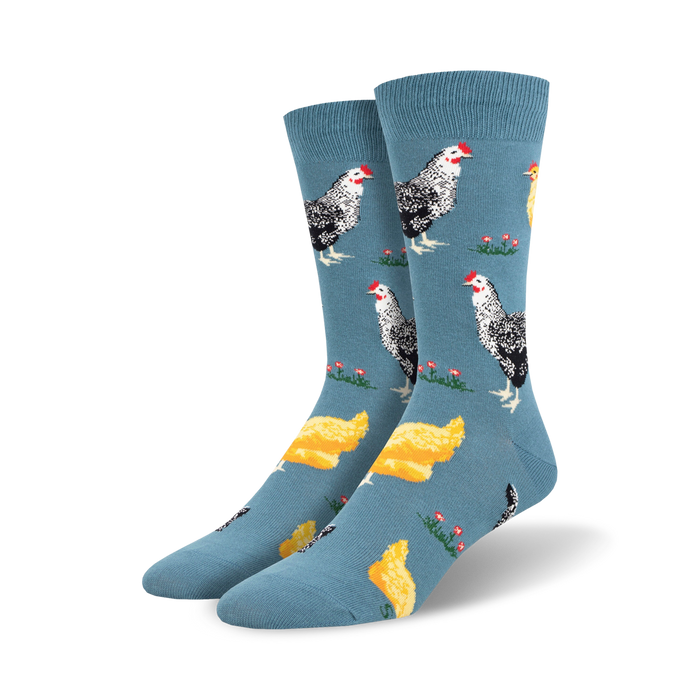 mens blue crew socks with a pattern of cartoon chickens and eggs.   