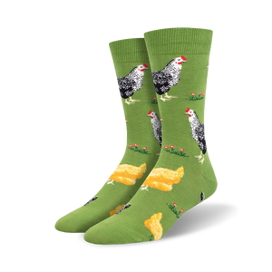 mens crew socks with black and white chicken and yellow chick pattern on green grass with red flowers themed.   