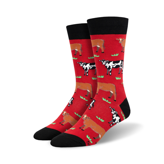 red crew length socks featuring a pattern of brown and white cows standing on green grass.  
