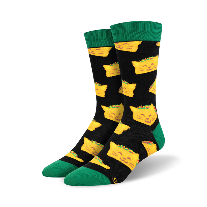 black crew socks with yellow cartoon cat faces wearing tacos on their heads.    }}