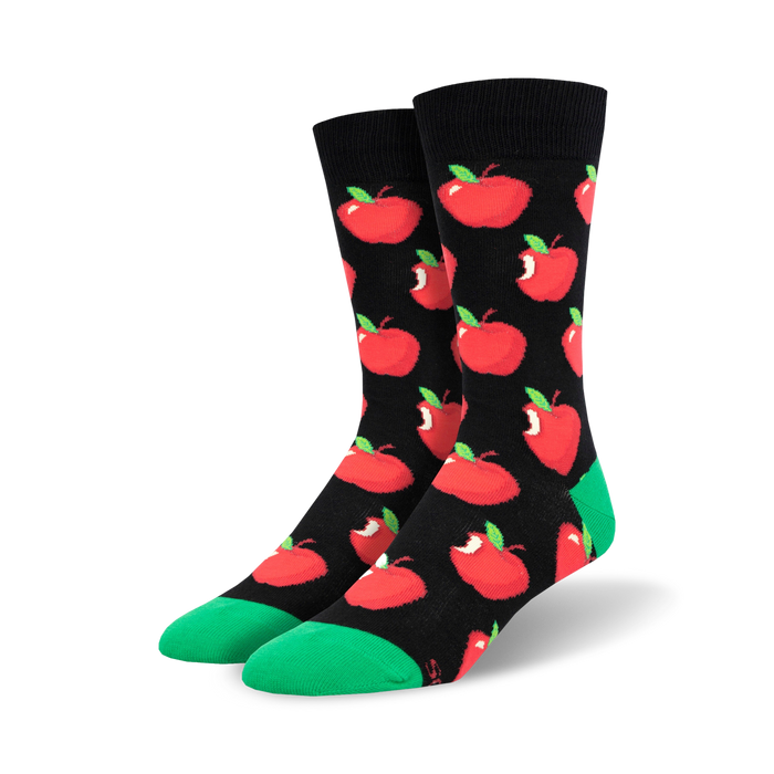 black crew socks for men feature a bitten apple pattern with a green toe.    }}