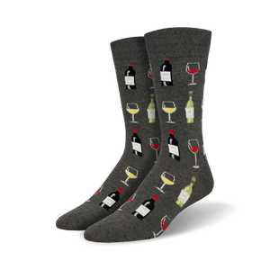 Pair of crew socks in grey featuring a repeating pattern of wine bottles and glasses.