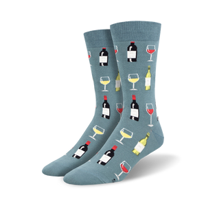 blue crew socks with a pattern of wine bottles and wine glasses.  